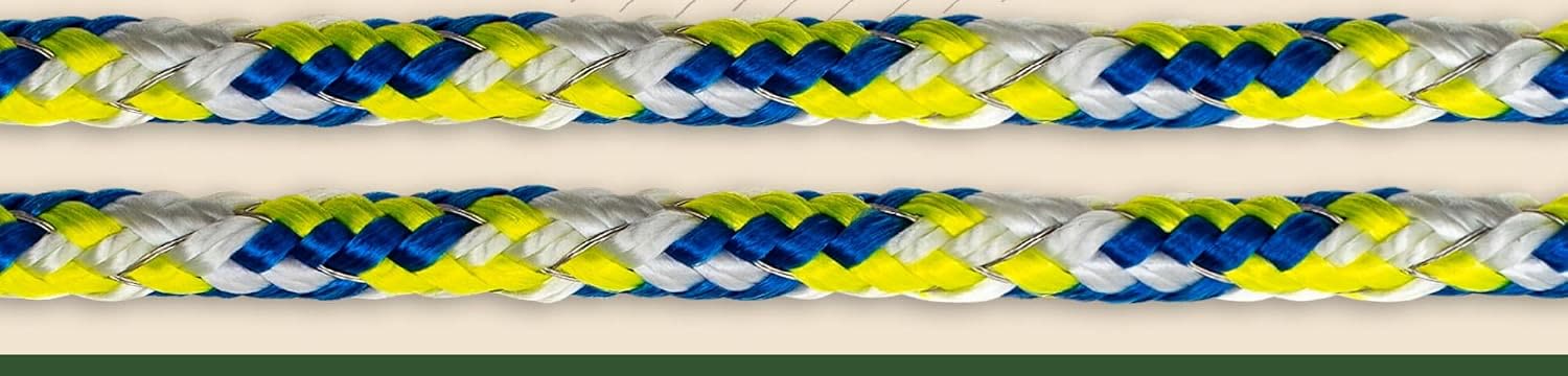 Macro detail of the white, neon-yellow and blue polybraid rope weave