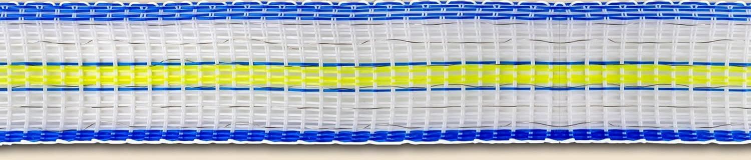Macro detail of the white, neon-yellow and blue polytape weave