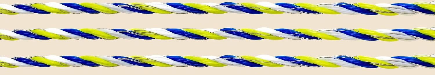 Macro detail of the white, neon-yellow and blue polywire weave